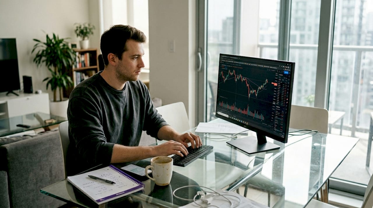 Person analyzing crypto charts at home table