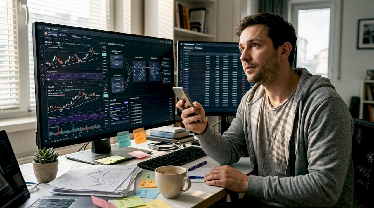 Person checking crypto prices at home office