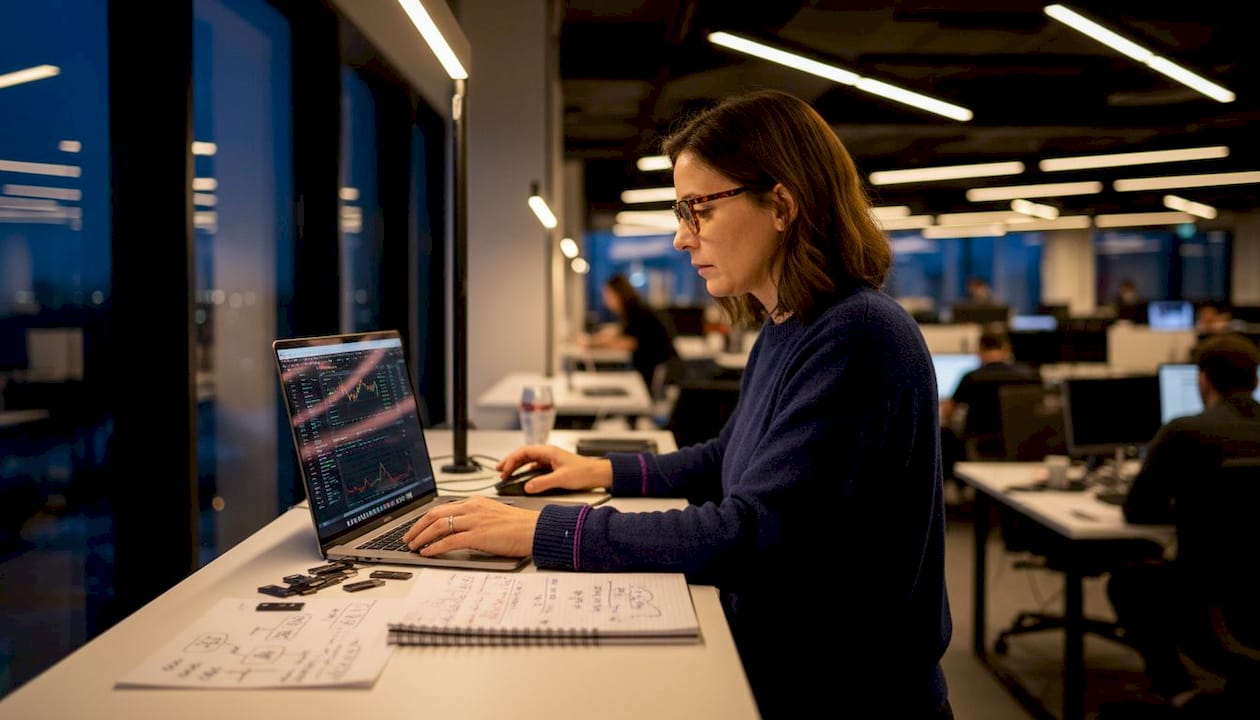 Person monitoring crypto trades in workspace