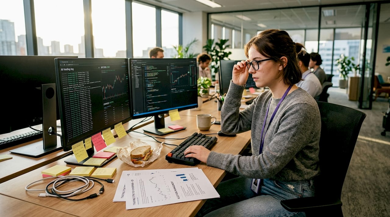 Жінка переглядає логи AI криптовалютного бота