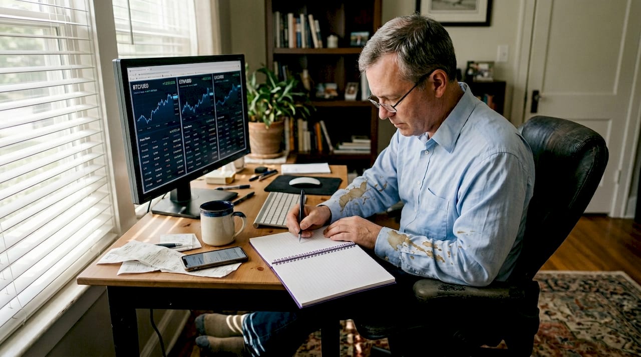 Чоловік спостерігає за екраном криптоторгівлі на робочому місці