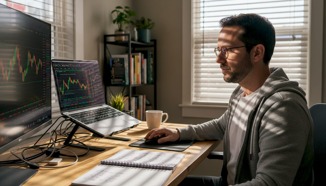 Man checks crypto trading dashboard at home