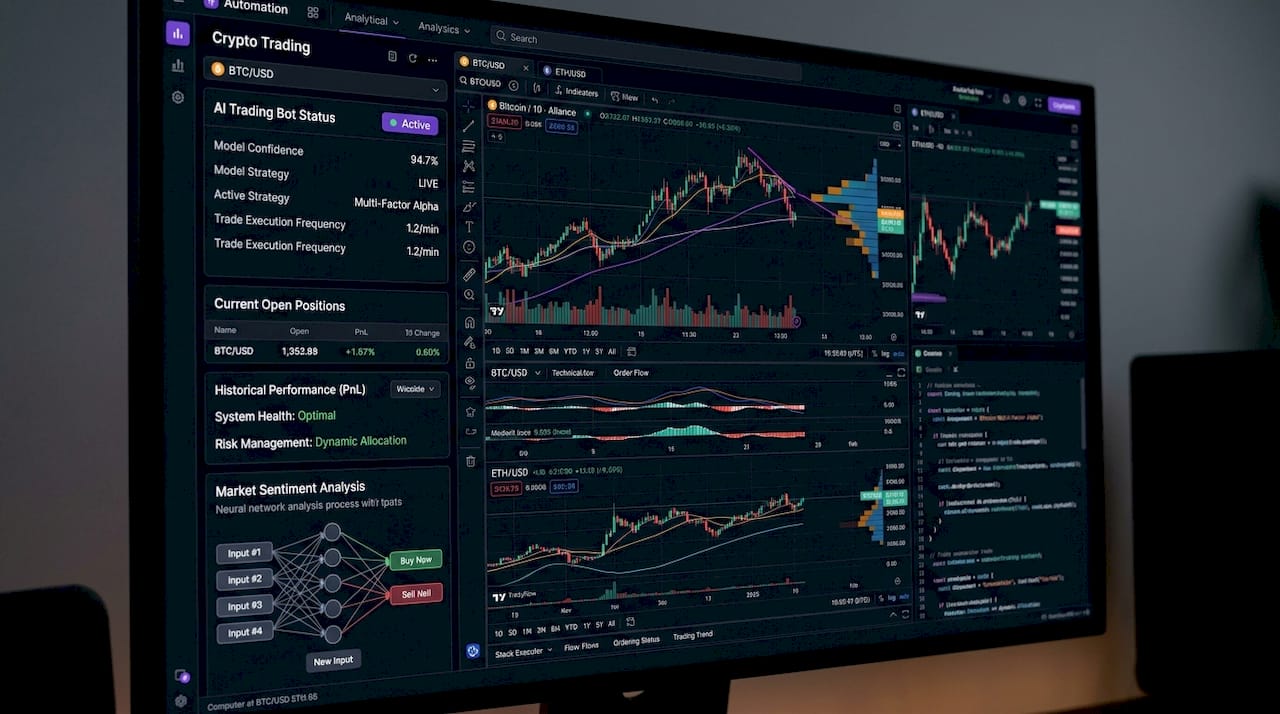 Man monitoring crypto trading bot at desk