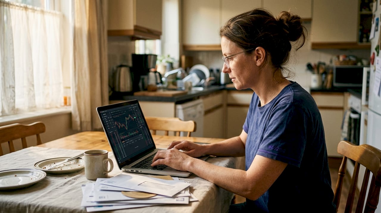 Woman uses crypto trading bot in kitchen