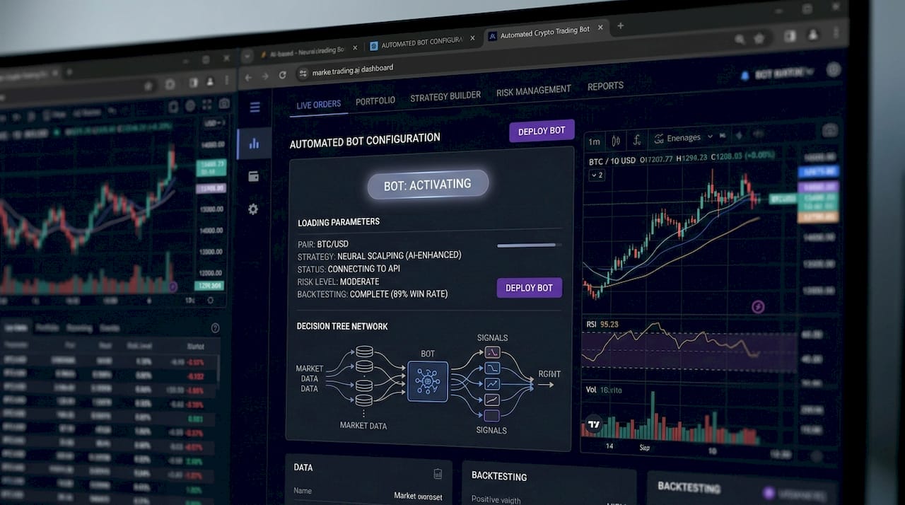 Person setting up trading bot at home desk