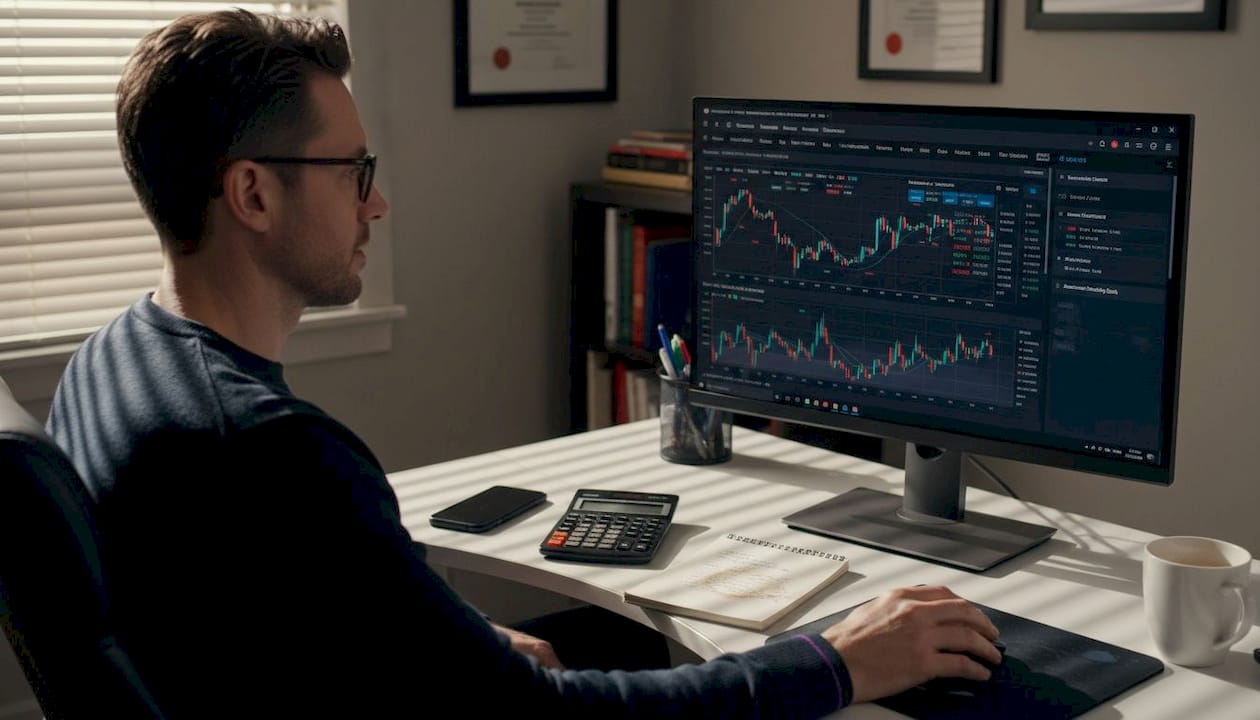 Man reviewing crypto trades at home desk