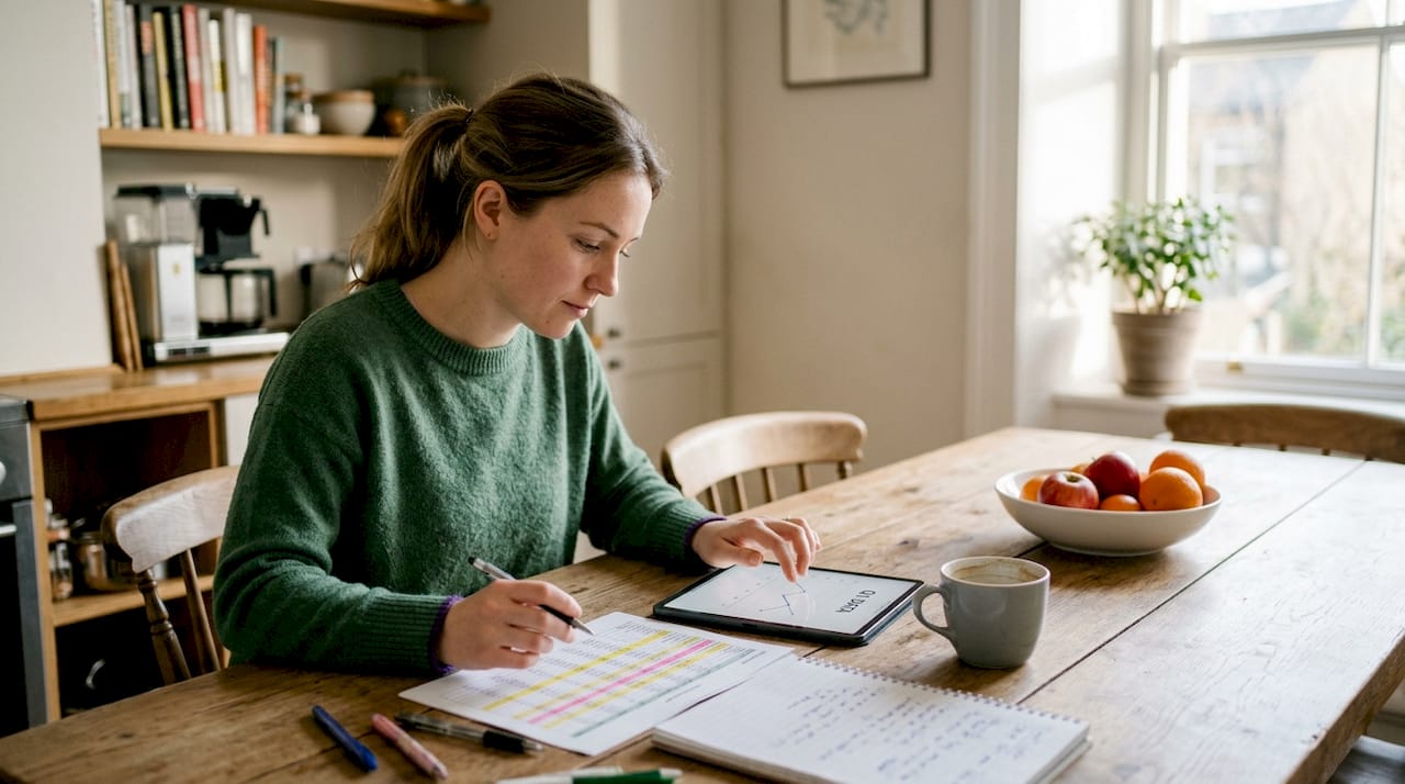 Trader reviewing risk data at kitchen table