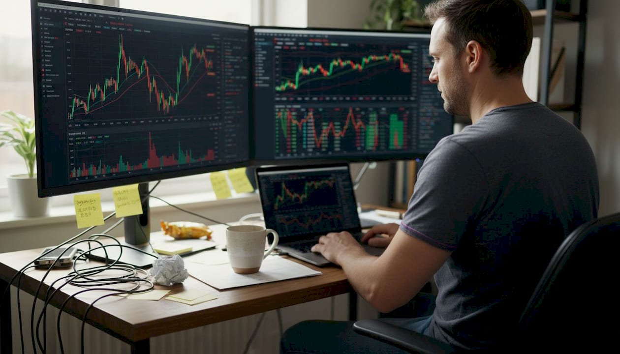 Crypto trader analyzing charts at home desk