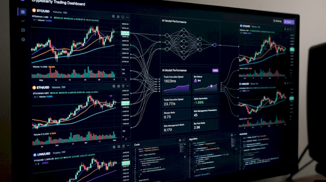 Woman managing crypto trading strategies at home