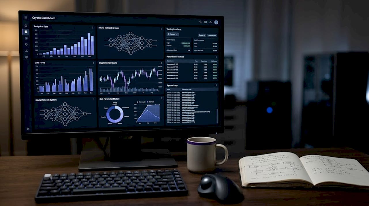 Woman reviews crypto portfolio at kitchen table