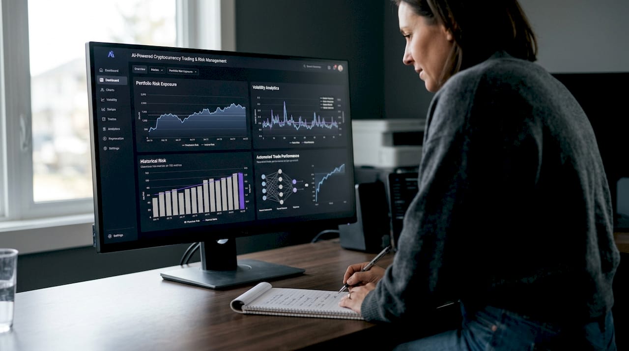 Woman reviewing crypto risk charts at kitchen table