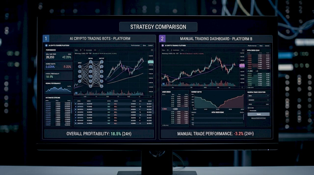 Trader comparing platforms in kitchen workspace