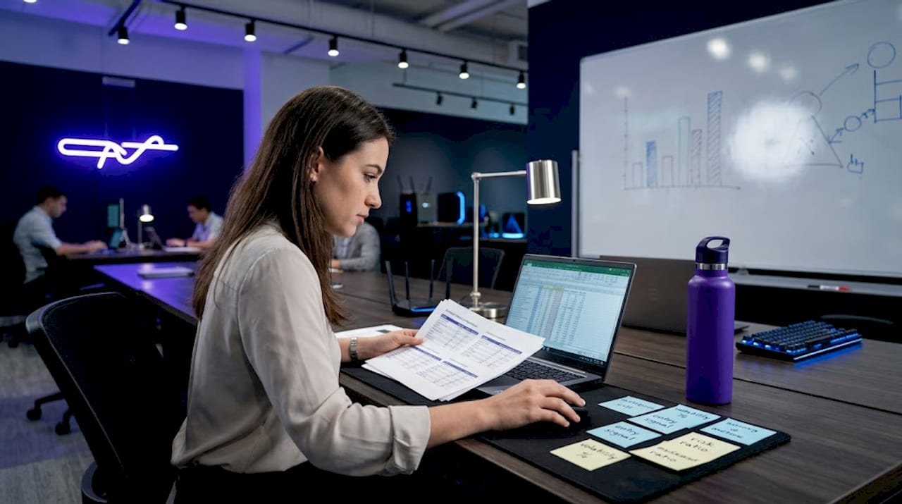 Woman compares crypto trading strategies at desk