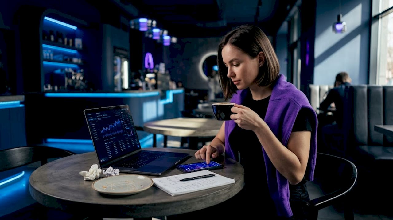 Woman reviewing trading bot in café