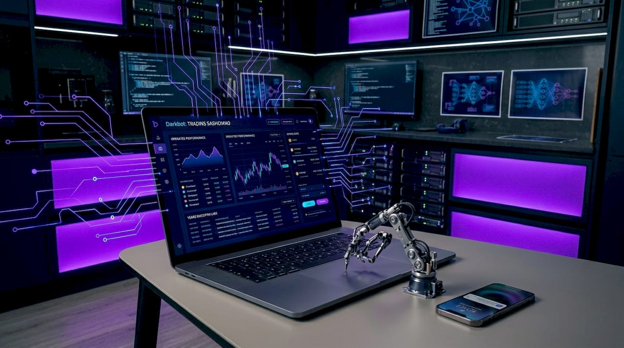Woman checking automated trading bot at kitchen table