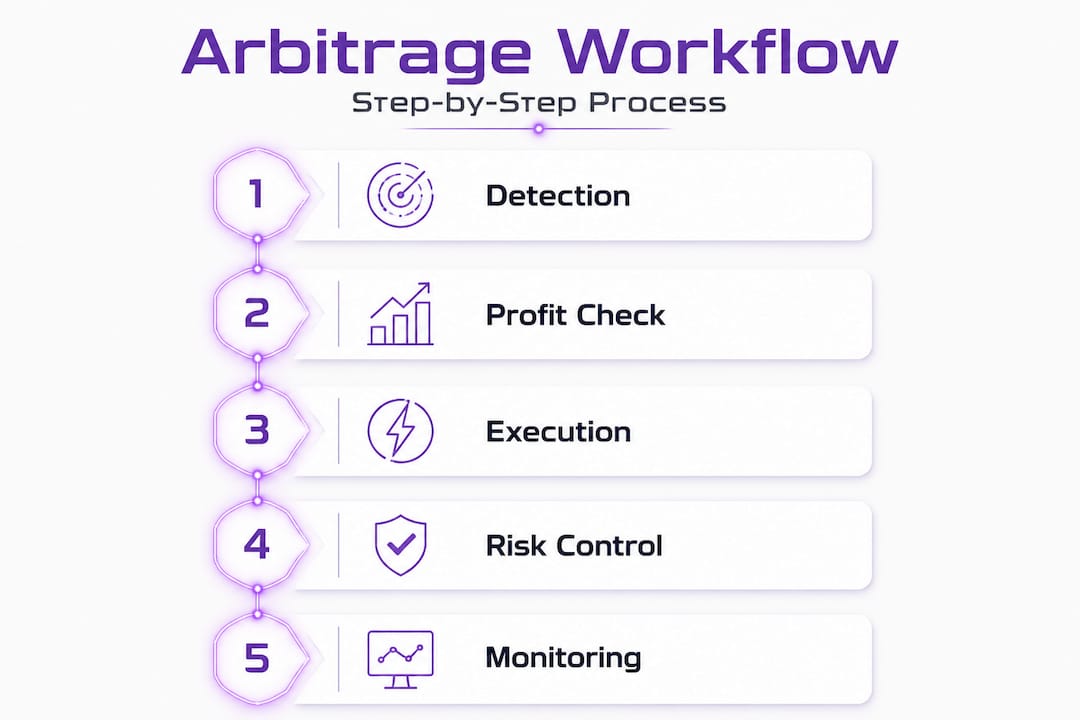 Infographic showing step-by-step arbitrage workflow process