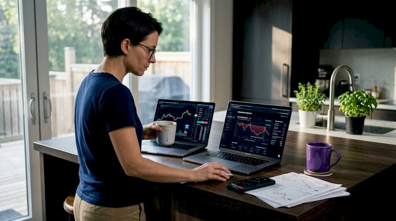 Woman analyzing risk data in kitchen workspace