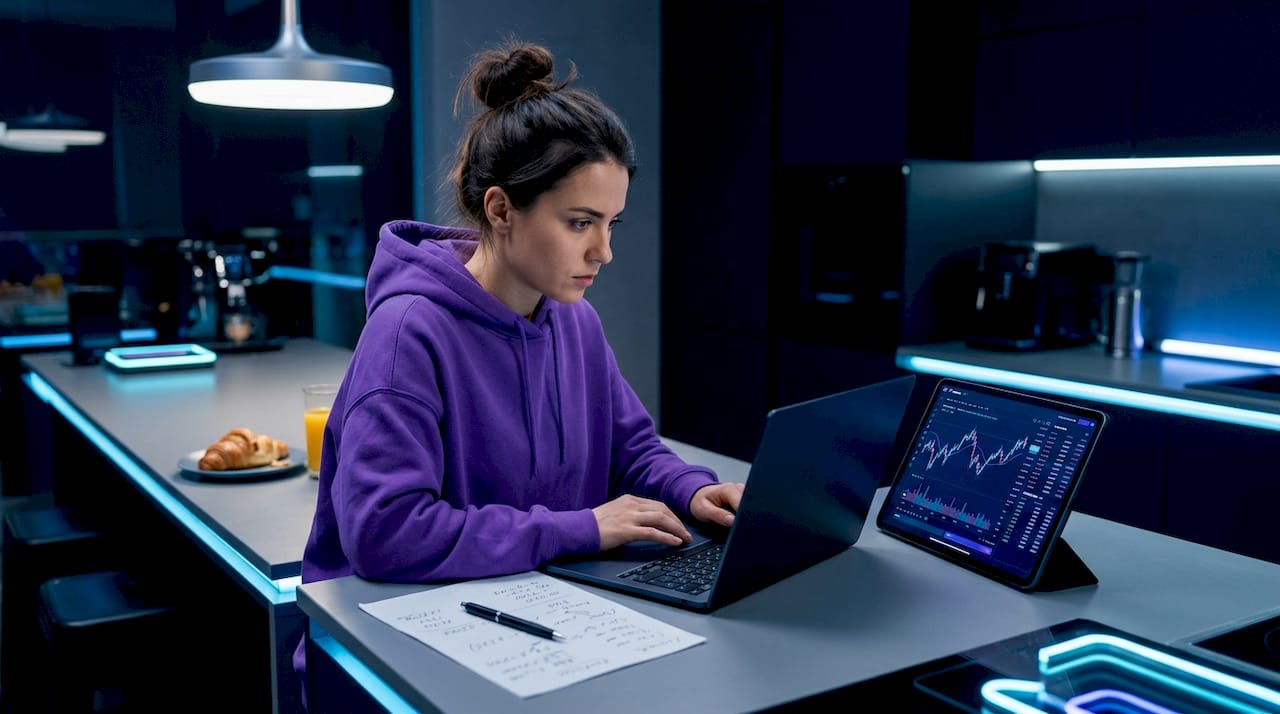 Woman managing crypto risk at kitchen counter