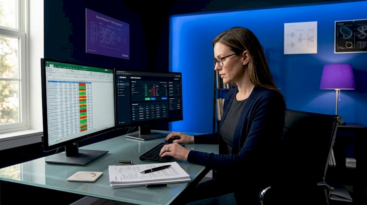 Woman managing crypto trading risk at desk