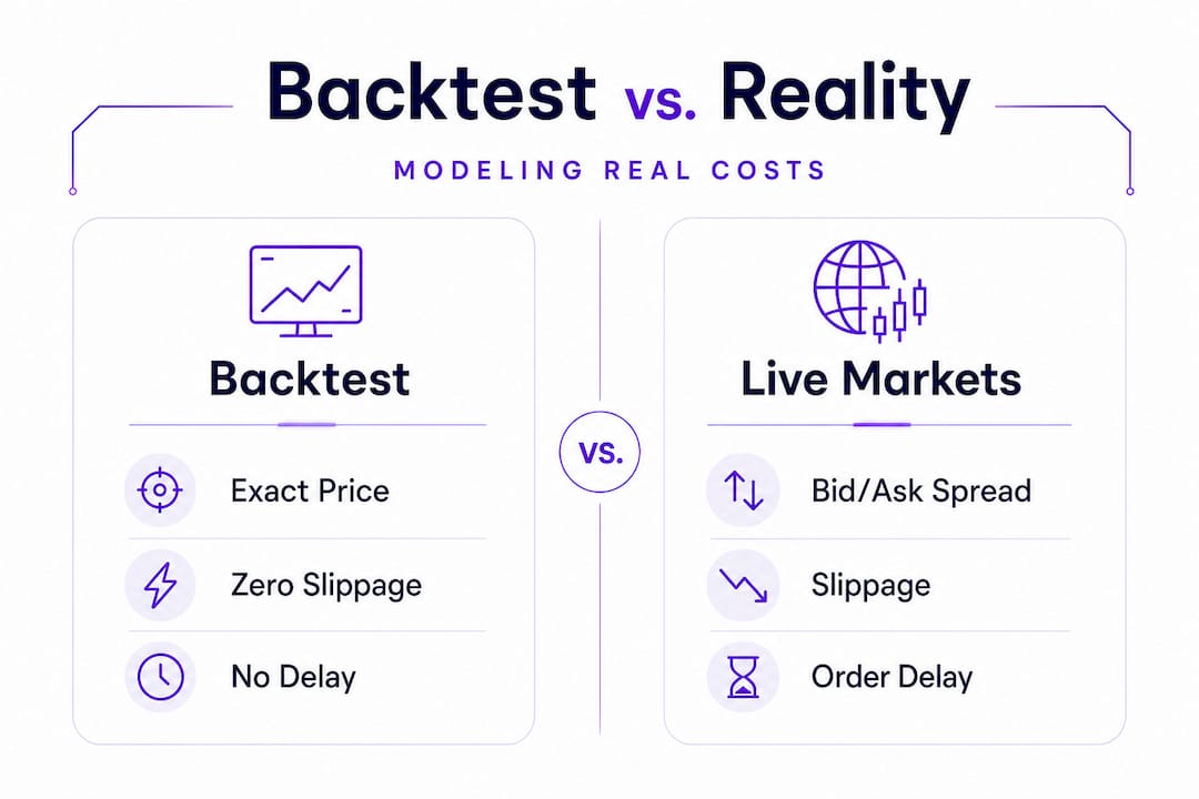 Infographic comparing backtest to real-world crypto trading
