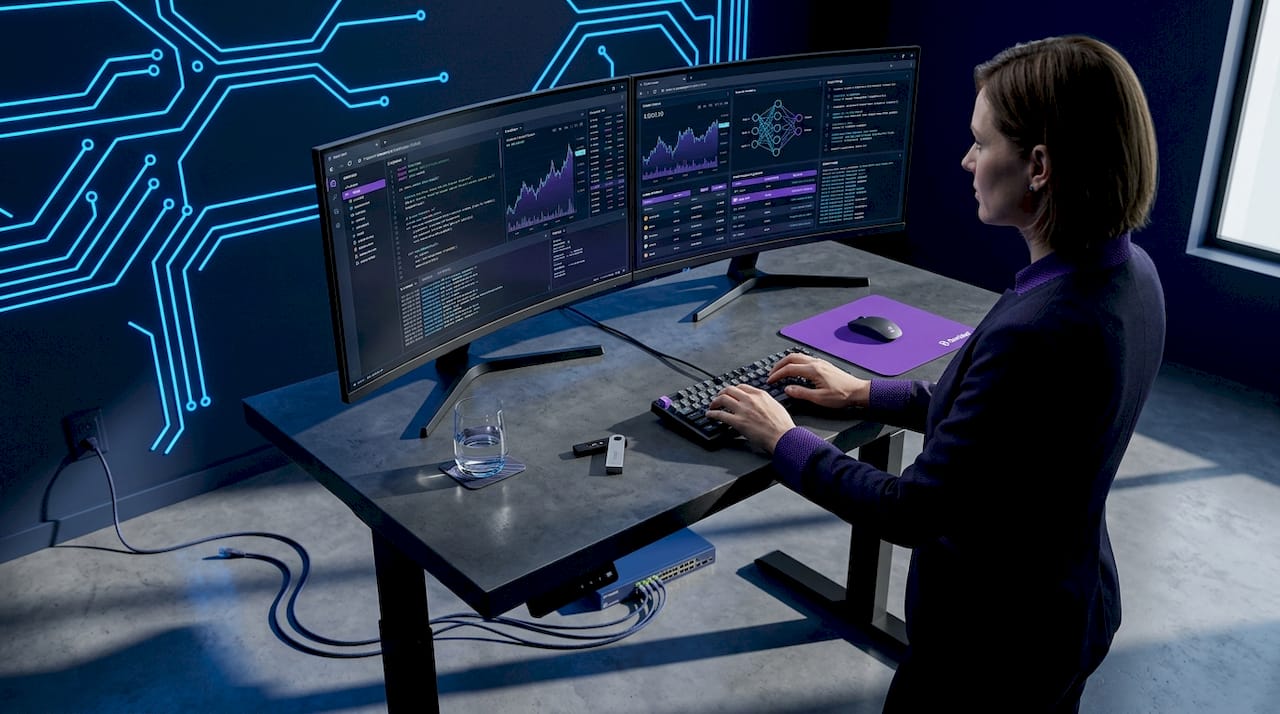 Engineer reviewing crypto bot security in shared office