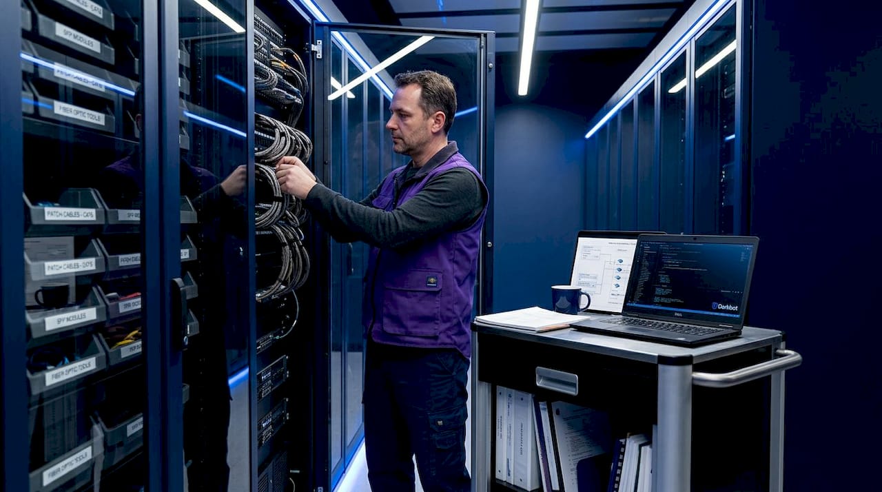 Technician maintaining AI server racks