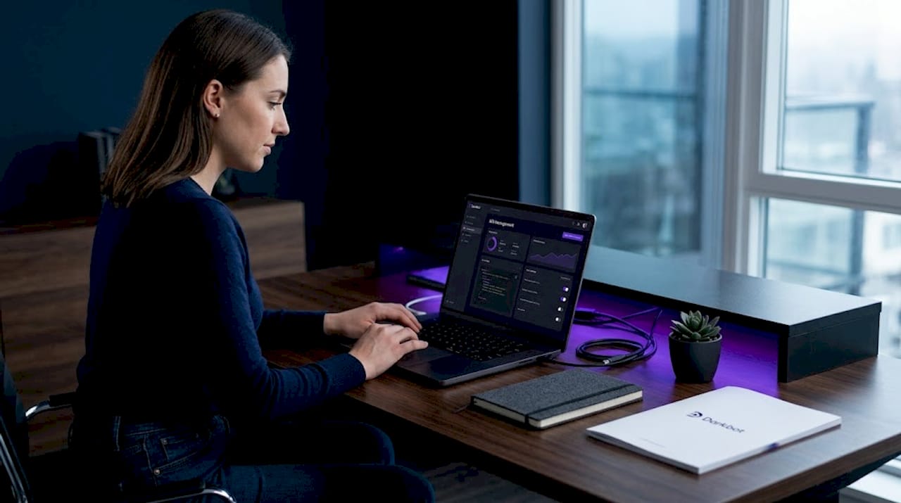 Woman reviews trading bot security controls
