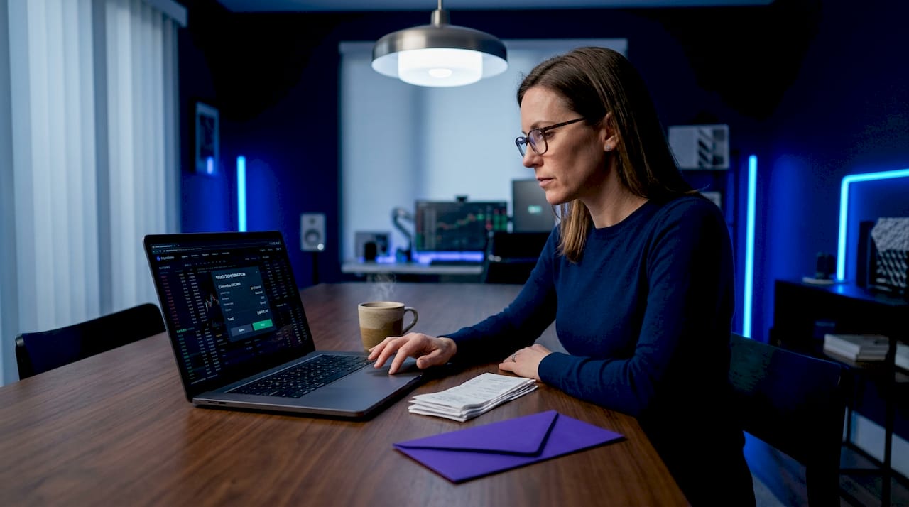 Woman managing trades at kitchen table