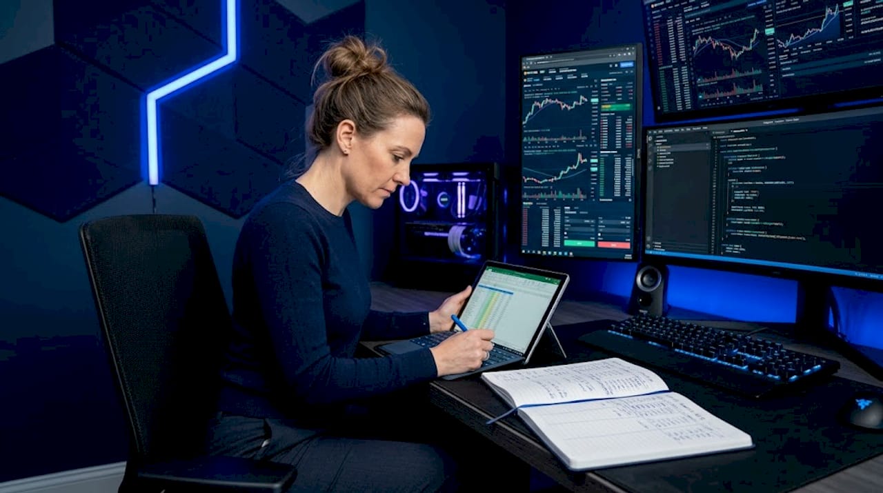 Woman managing crypto trading risks at dining table