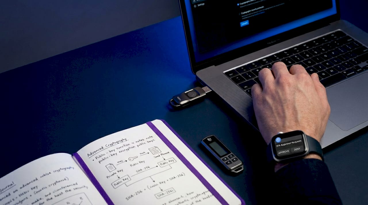Hands using biometric security key for crypto custody