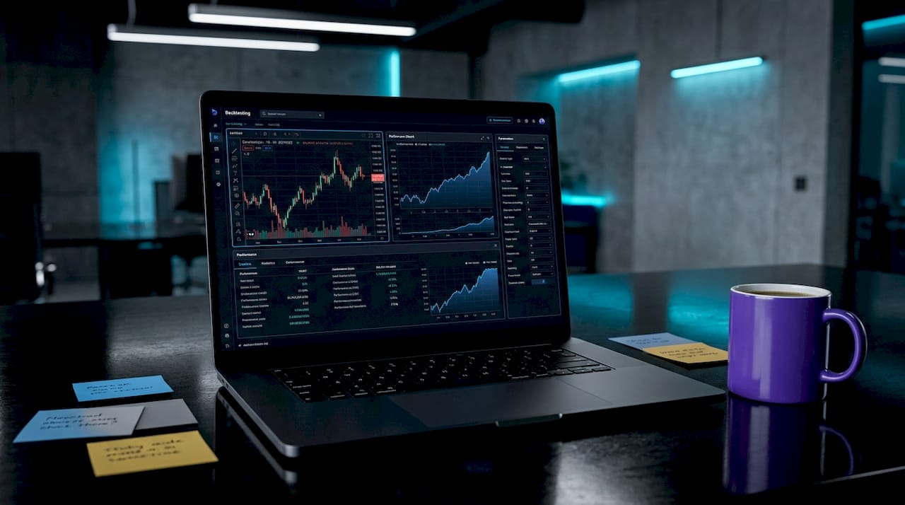 Close-up of crypto backtesting software on laptop