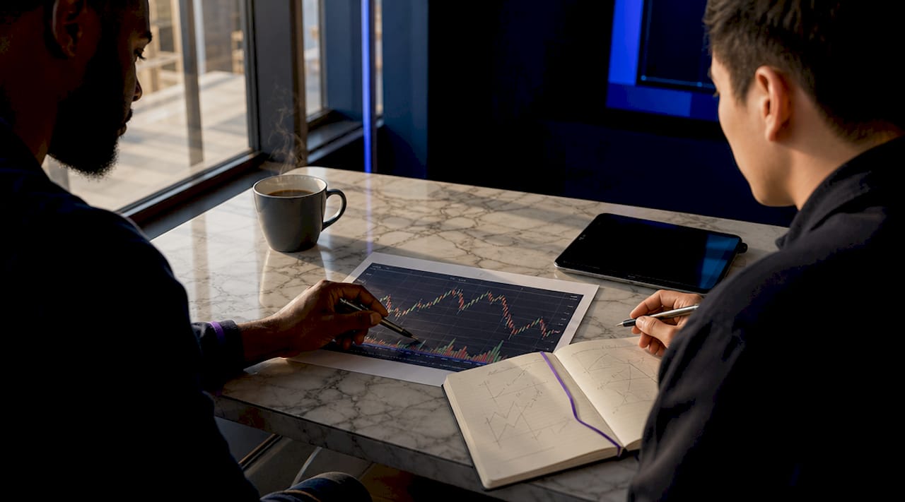 Overhead view of crypto price analysis workspace