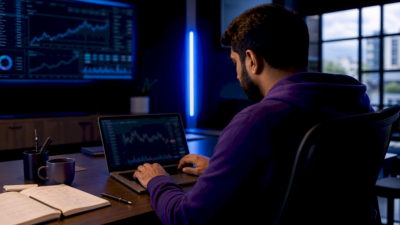 Hands typing on keyboard in crypto trading office