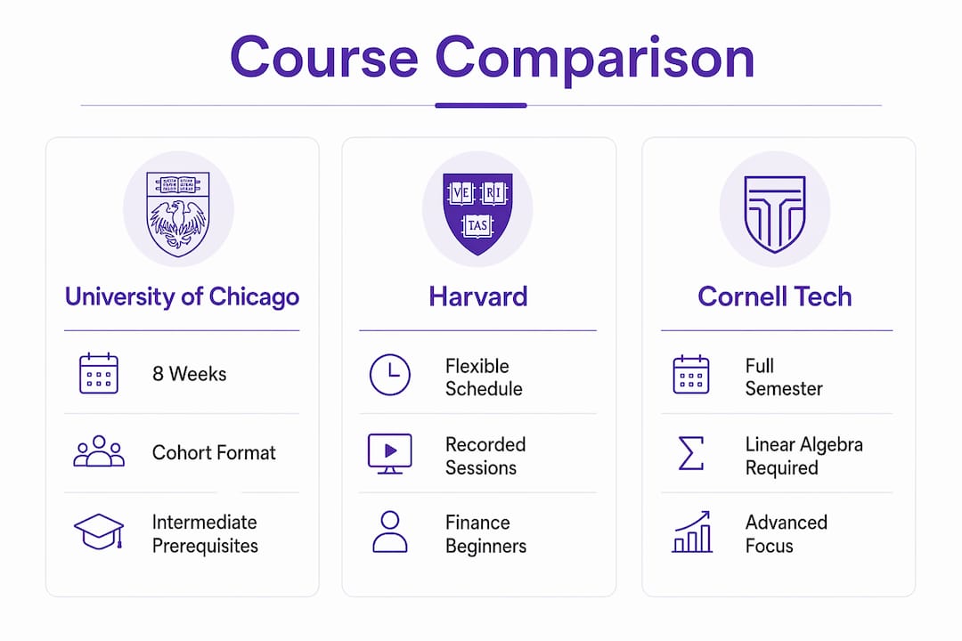 Infographic comparing top ML finance courses structure and prerequisites