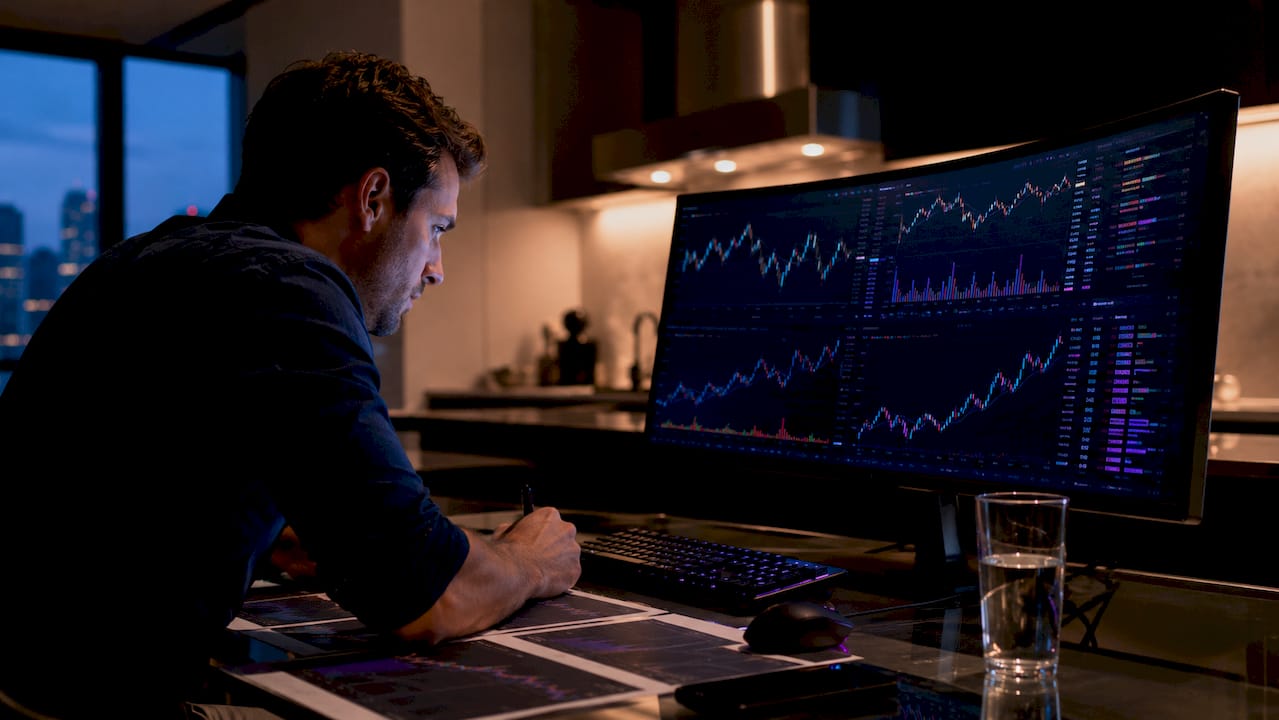 Trader reviewing crypto market charts at desk