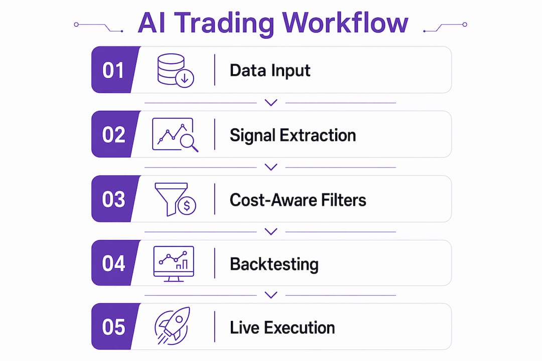Infographic outlining AI crypto trading workflow steps