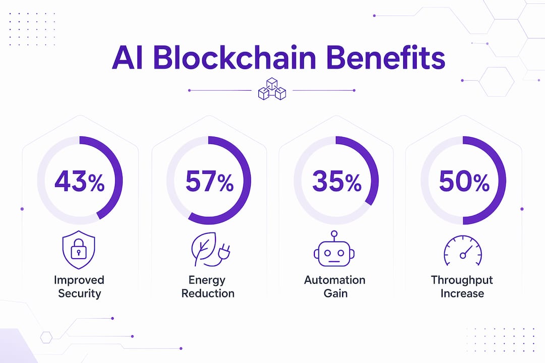 Infographic showing key AI blockchain benefits