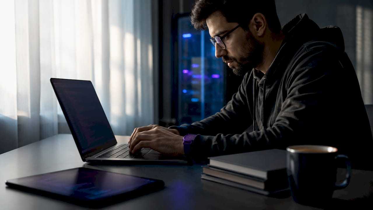 Hands coding Expert Advisor on laptop