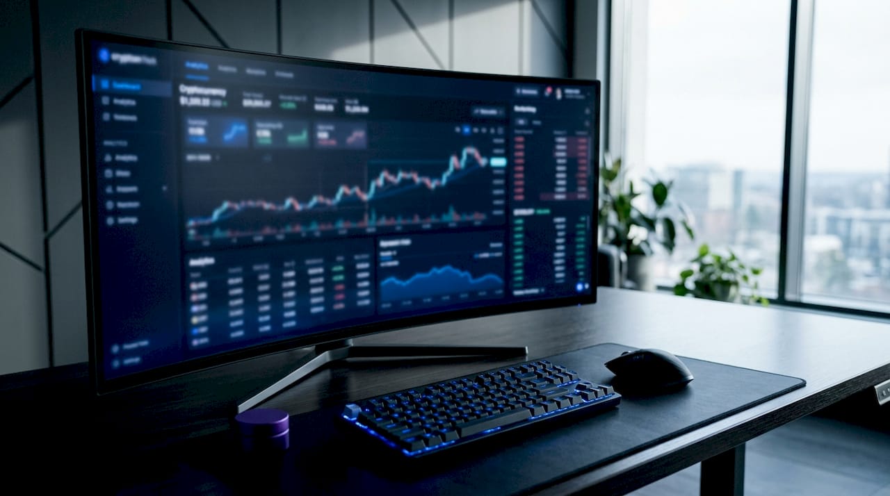 Side view of fintech trading dashboard with keyboard