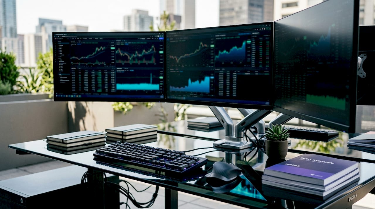 Dark fintech trading workstation setup