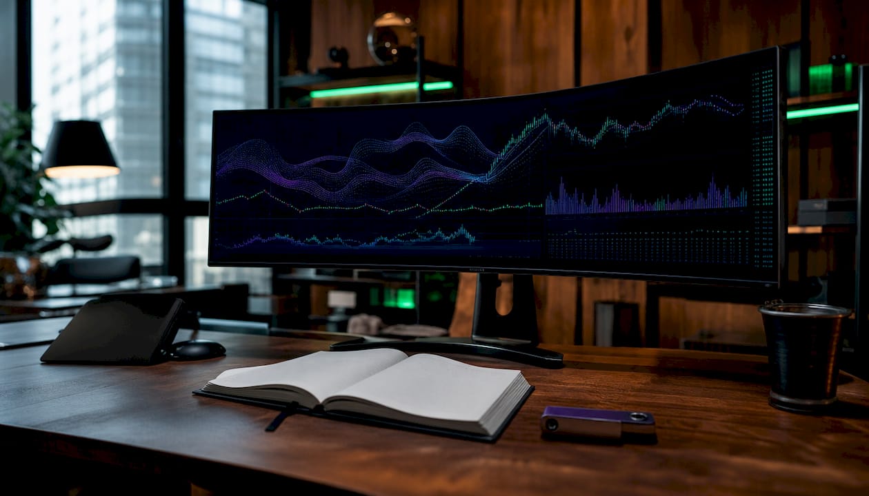 Close-up of crypto trading setup and devices