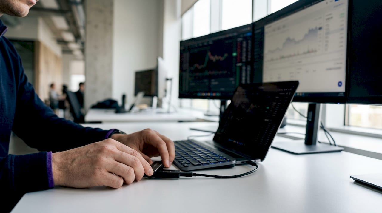 Hands adjusting crypto hardware wallet at trading desk