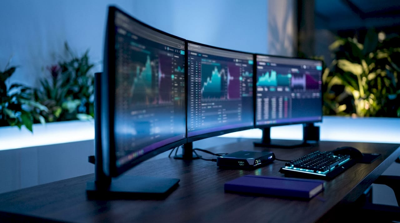 Trading desk with multiple monitors and servers, dark fintech setup