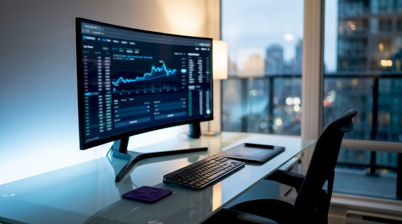 Curved monitor showing crypto trading setup from behind