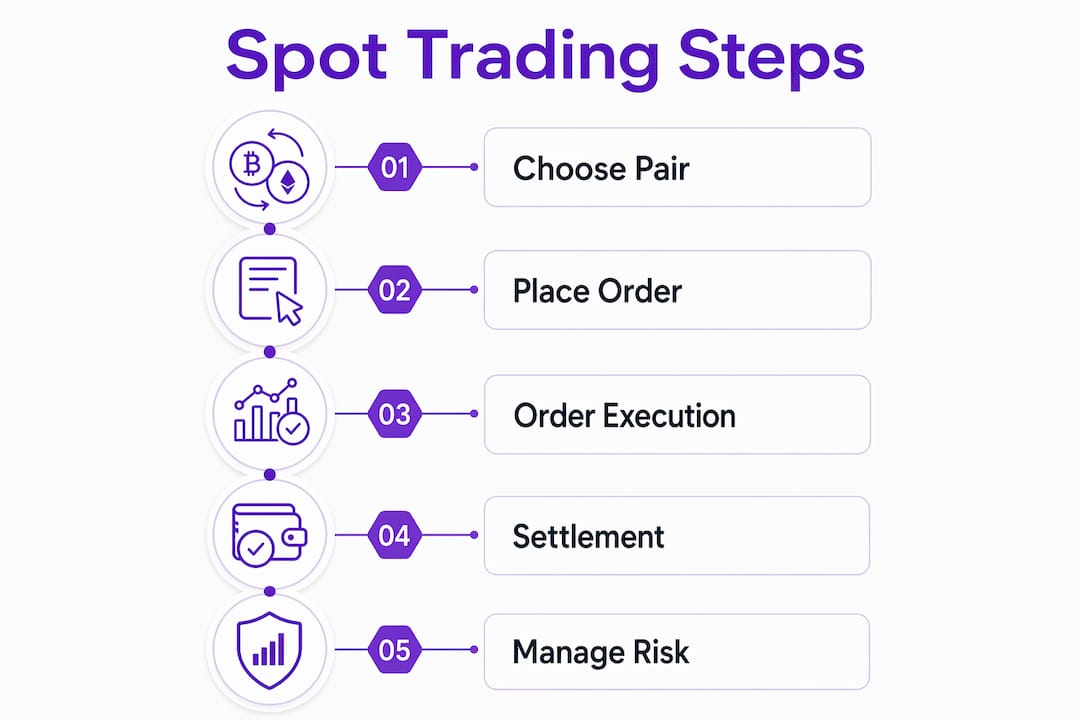 Infographic illustrating steps of crypto spot trading process