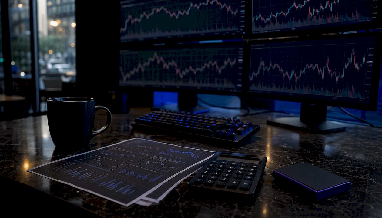 Crypto trader's dark fintech workspace with tools
