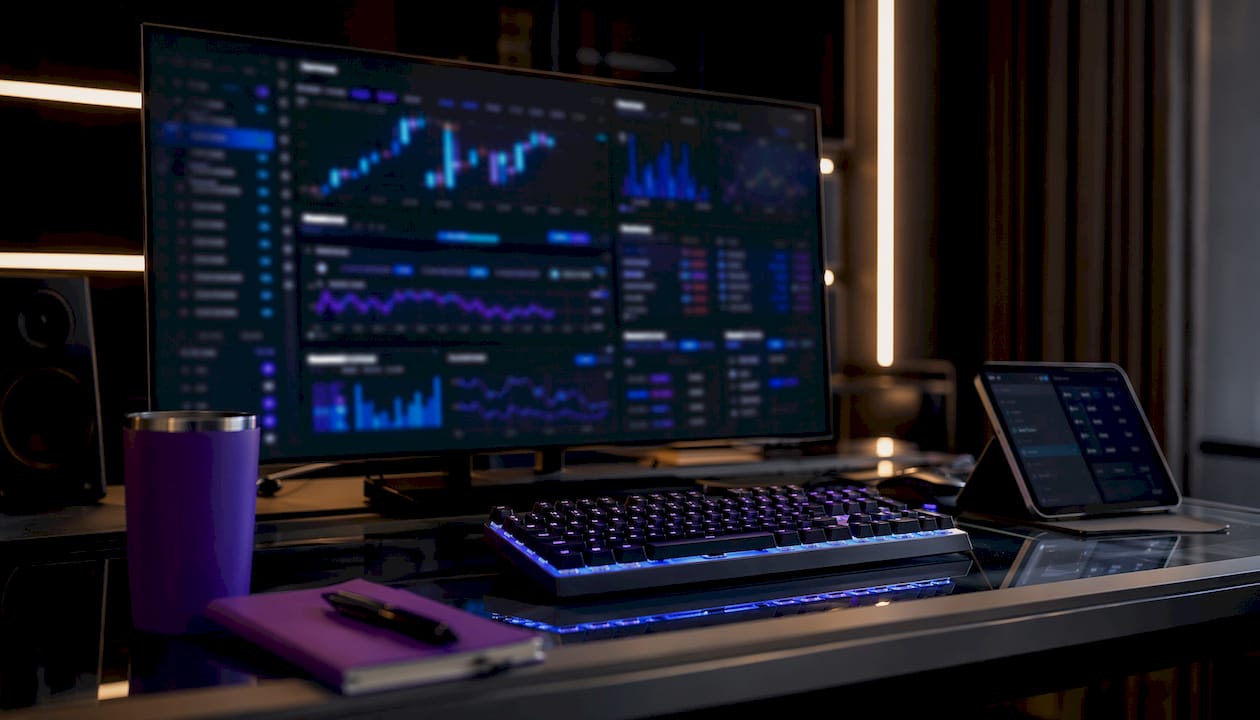 Dark-themed crypto trading dashboard workspace