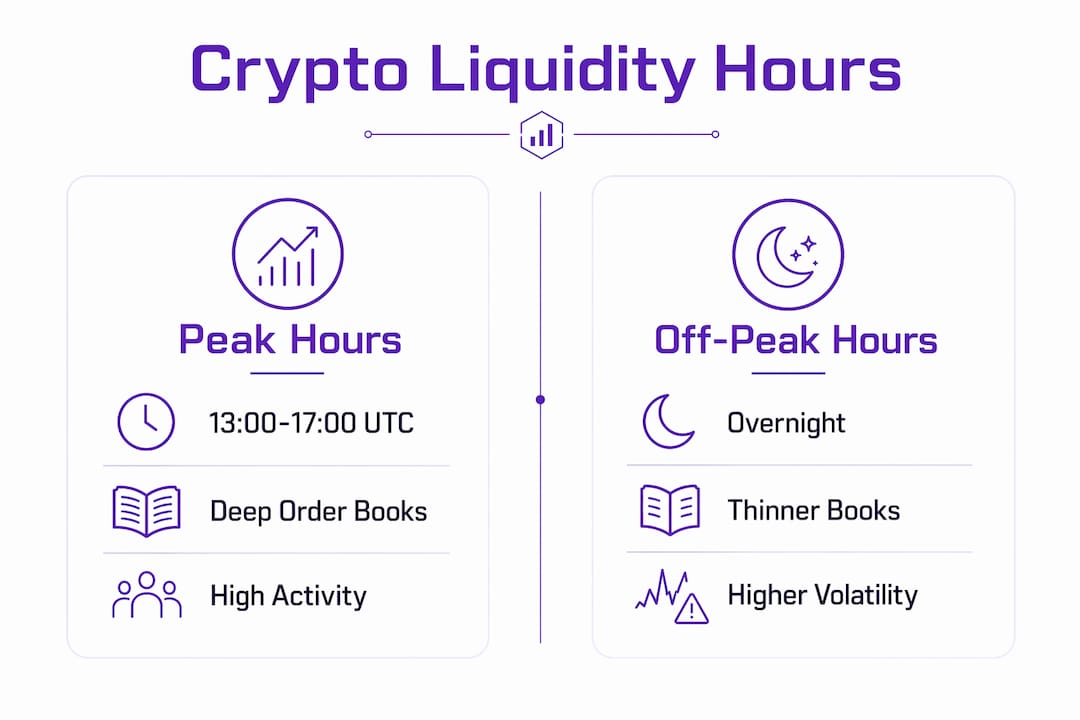 Infographic comparing crypto trading peak and off-peak liquidity