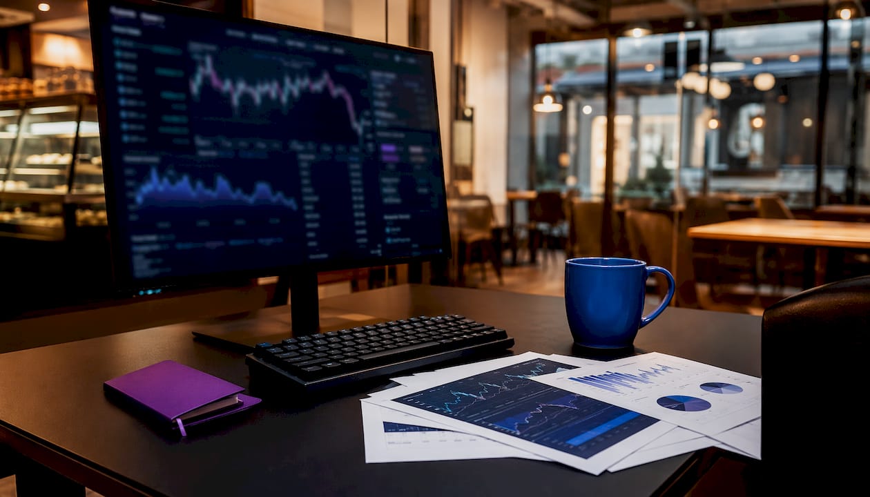 Crypto trading risk management workspace scene