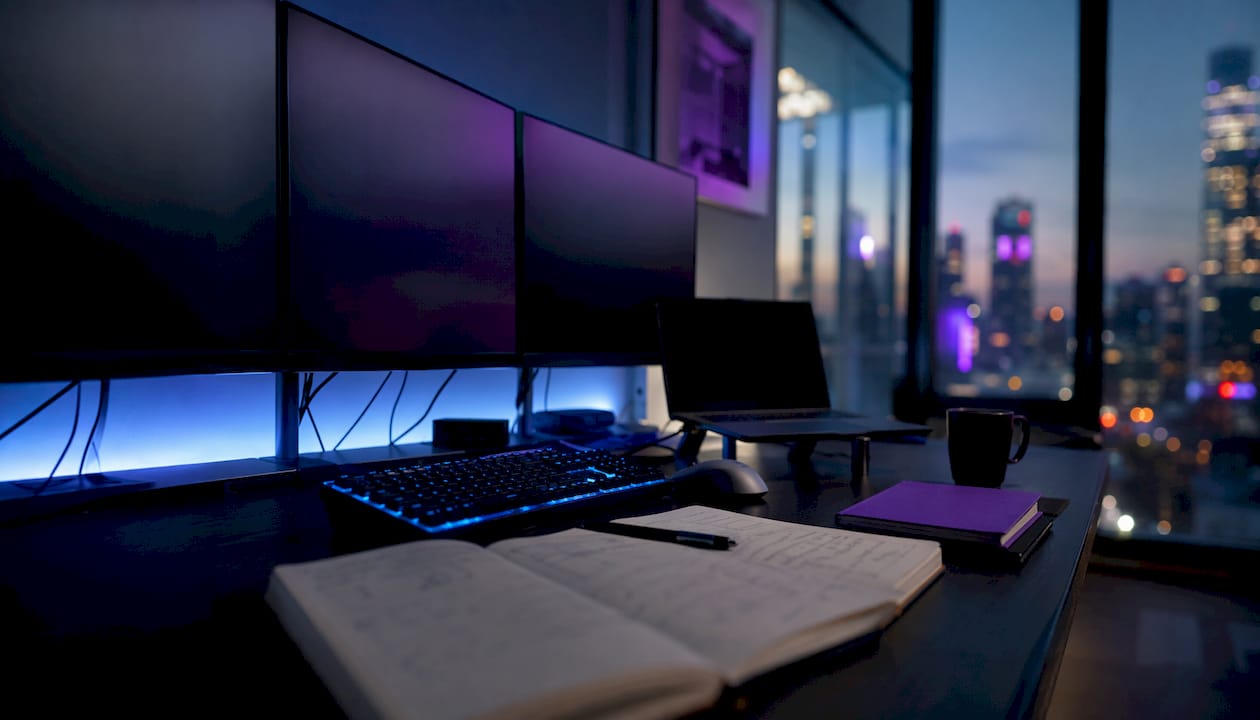 Dark fintech workstation with crypto trading monitors